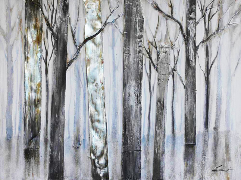 HA109 Wall décor art oil on canvas abstract botanical tree trunks silver grey tones